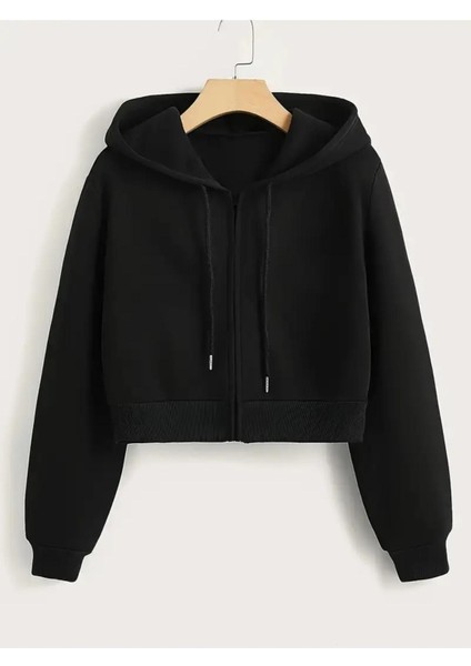 Kadın Fermuarlı Oversize Kapşonlu Crop Hırka