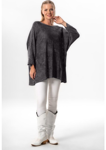 Geniş Kol Hira Sonbahar ve Kışlık Asimetrik Kesim Otantik Triko Bluz Füme Fm