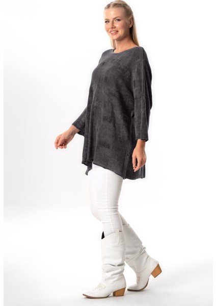 Geniş Kol Hira Sonbahar ve Kışlık Asimetrik Kesim Otantik Triko Bluz Füme Fm fiyatları