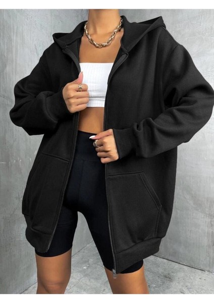 Kadın Siyah Fermuarlı Kapüşonlu Oversize Hırka