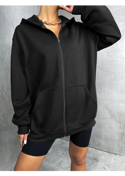 Kadın Siyah Fermuarlı Kapüşonlu Oversize Hırka fiyatları