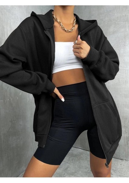 Kadın Siyah Fermuarlı Kapüşonlu Oversize Hırka modelleri