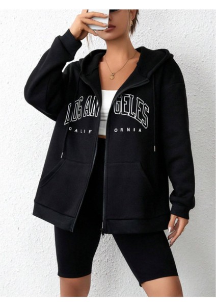 Unisex Siyah Los Angeles Fermuarlı Kapüşonlu Hırka fiyatları