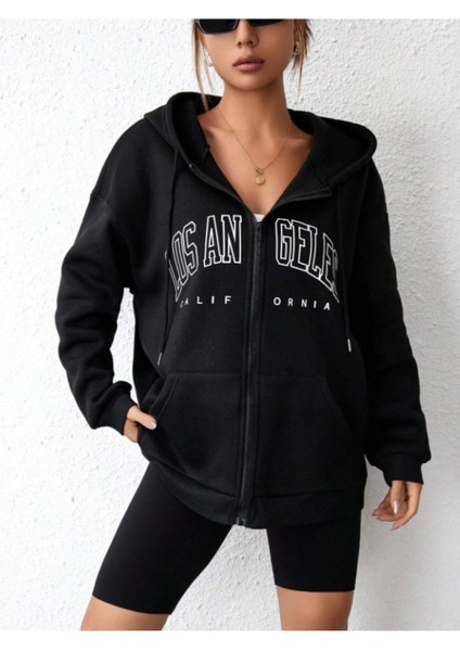 Unisex Siyah Los Angeles Fermuarlı Kapüşonlu Hırka modelleri