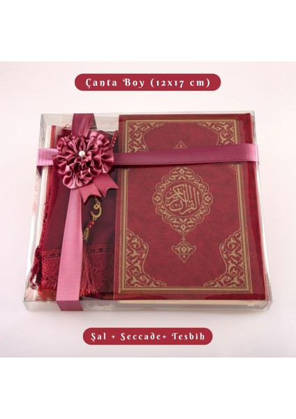 Şal + Seccade + Tesbih + Kuran Hediye Seti (Çanta Boy, Ekonomik Cilt, Bordo)