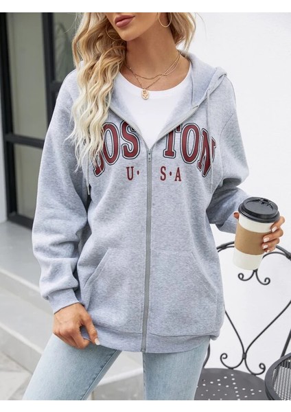 Unisex Bej Boston Baskı Kapüşonlu Hırka