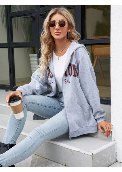 Unisex Bej Boston Baskı Kapüşonlu Hırka