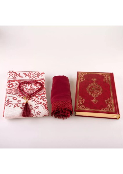 Şal + Seccade + Tesbih + Kuran Hediye Seti (Hafız Boy, Ekonomik Cilt, Bordo) modelleri