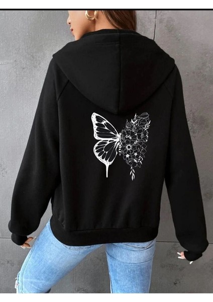 Unisex Siyah Kelebek Sırt Baskılı Ince Mevsimlik Kapşonlu Oversize Hırka