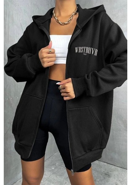 Unisex Gri Wrst Sırt Baskılı Ince Mevsimlik Kapşonlu Oversize Hırka