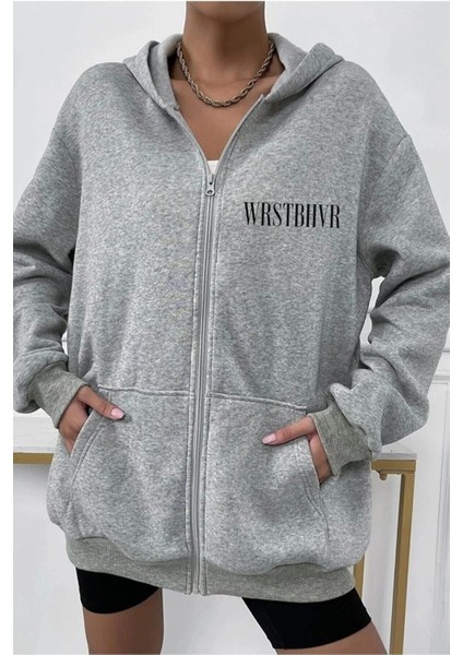Unisex Gri Wrst Sırt Baskılı Ince Mevsimlik Kapşonlu Oversize Hırka