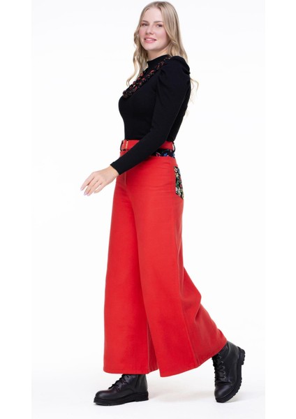 Lale Pazen Sonbahar ve Kışlık Pantolon Kırmızı Krmz