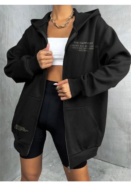 Unisex Siyah Happiest Baskılı Ince Mevsimlik Kapşonlu Oversize Hırka