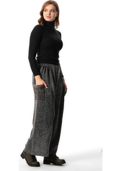 Alin Yandan Çift Cepli Sonbahar ve Kışlık Lastikli Otantik Triko Pantolon Füme Fm indirimleri