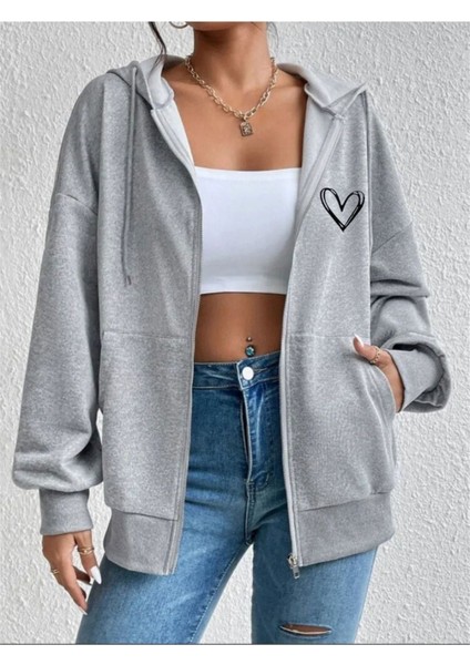 Unisex Gri Kalp Baskılı Ince Mevsimlik Kapşonlu Oversize Hırka