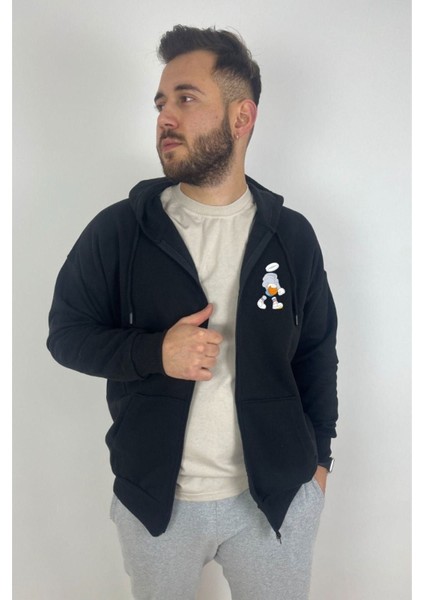 Unisex Siyah Karikatür Baskılı Mevsimlik Oversize Kapüşonlu Hırka