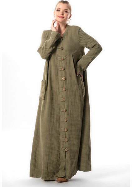 Uzun Kol Cennet Hakim Yaka Düğme Detaylı Sonbahar ve Kışlık Cepli Double Müslin Ferace Haki Hk