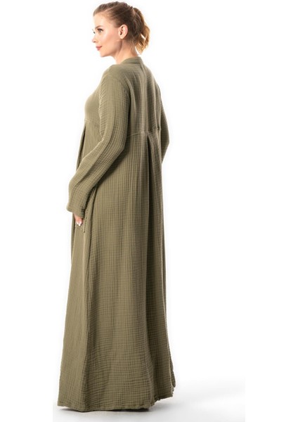 Uzun Kol Cennet Hakim Yaka Düğme Detaylı Sonbahar ve Kışlık Cepli Double Müslin Ferace Haki Hk fiyatları