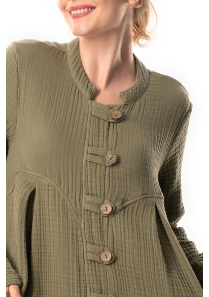 Uzun Kol Cennet Hakim Yaka Düğme Detaylı Sonbahar ve Kışlık Cepli Double Müslin Ferace Haki Hk modelleri