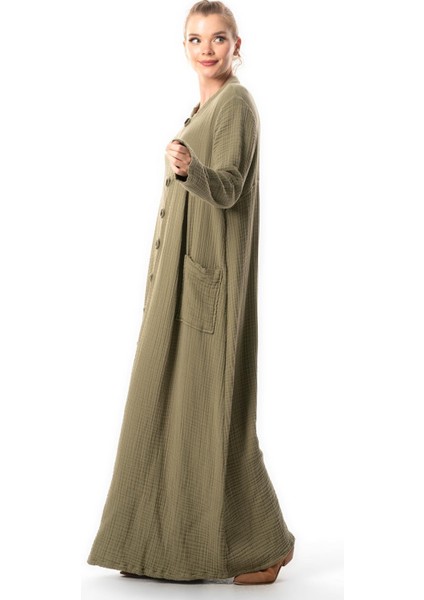 Uzun Kol Cennet Hakim Yaka Düğme Detaylı Sonbahar ve Kışlık Cepli Double Müslin Ferace Haki Hk fırsatları