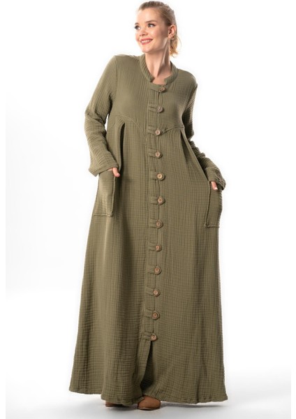 Uzun Kol Cennet Hakim Yaka Düğme Detaylı Sonbahar ve Kışlık Cepli Double Müslin Ferace Haki Hk indirimleri