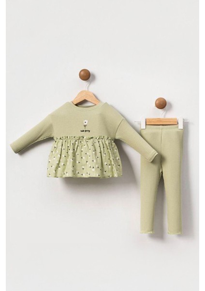Hello Spring Nakış Müslin Çiçek Desen Parçalı Kız Bebek 2 li takım - Yeşil