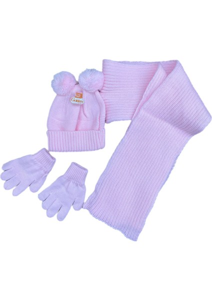 Ponponlu Pembe Renk Kız Çocuk Şapka Eldiven Atkı 1-4 Yaş