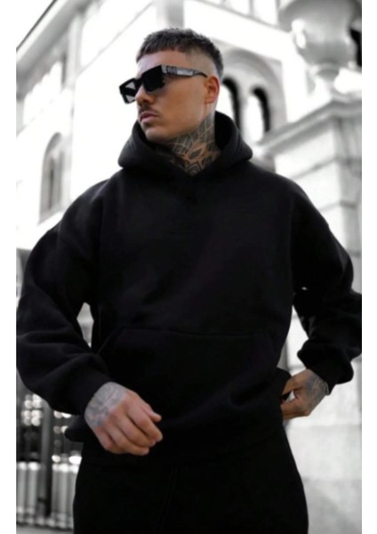 Erkek Siyah Sırt God We Baskılı Oversize Kapşonlud Sweatshirt