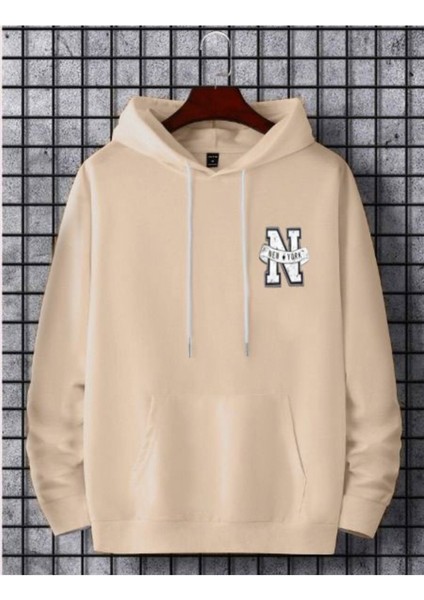 Erkek Bej New York Baskılı Kapüşonlu Sweatshirt