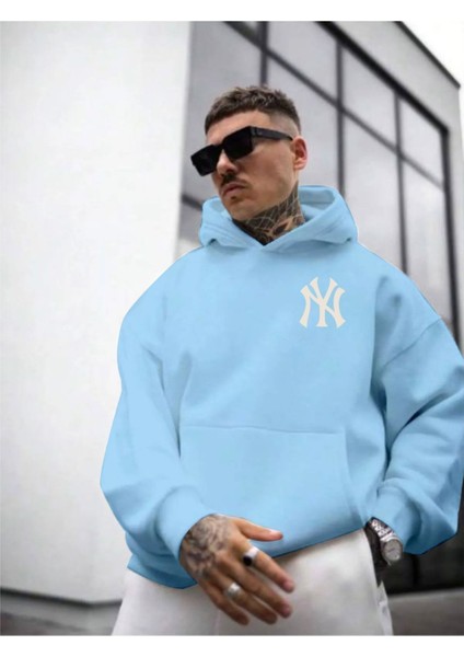 Erkek Ön Arka Ny Baskılı Kapüşonlu Sweatshirt