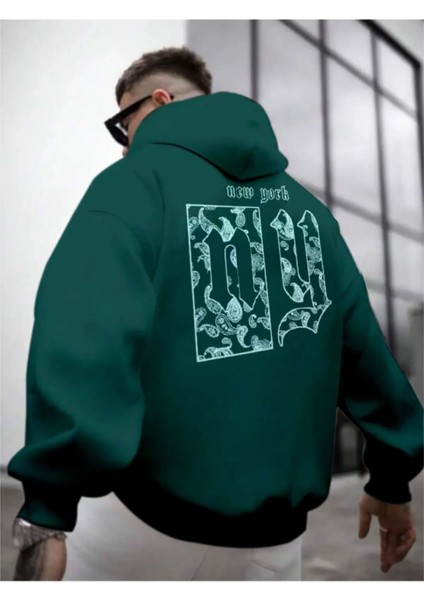 Erkek Sırt Ny Baskılı Kapüşonlu Sweatshirt