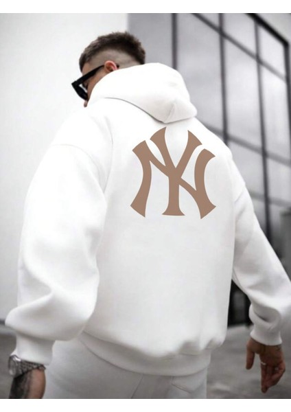 Erkek Beyaz Ön Arka Ny Baskılı Kapüşonlu Sweatshirt