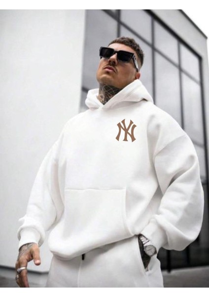 Erkek Beyaz Ön Arka Ny Baskılı Kapüşonlu Sweatshirt fiyatları
