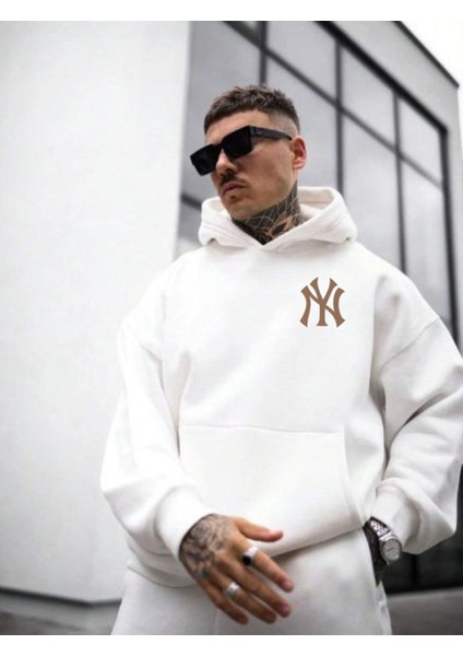Erkek Beyaz Ön Arka Ny Baskılı Kapüşonlu Sweatshirt modelleri