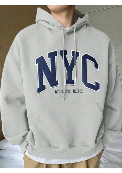 Erkek Duman Gri Nyc Baskılı Oversize Kapşonlu Sweatshirt