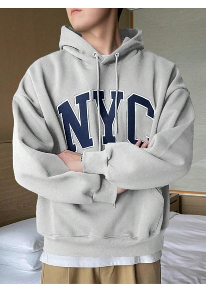 Erkek Duman Gri Nyc Baskılı Oversize Kapşonlu Sweatshirt fiyatları