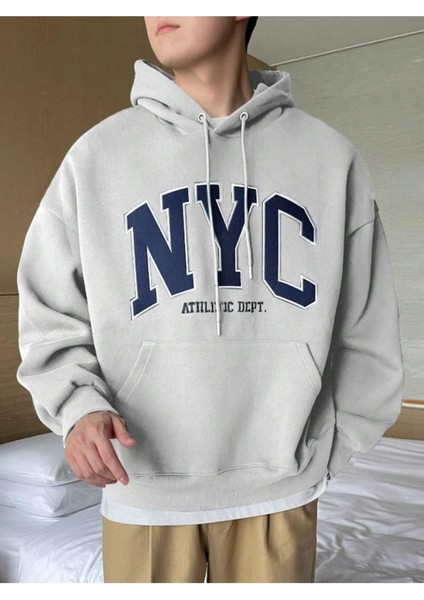 Erkek Duman Gri Nyc Baskılı Oversize Kapşonlu Sweatshirt modelleri