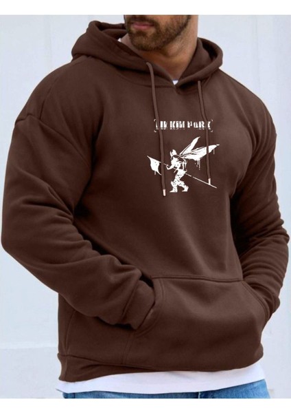 Erkek Kahverengi Linkin Park Baskılı Kapüşonlu Sweatshirt