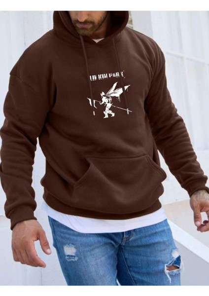 Erkek Kahverengi Linkin Park Baskılı Kapüşonlu Sweatshirt fiyatları