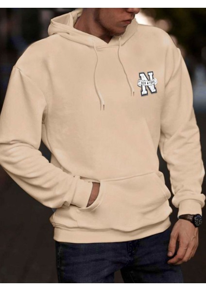 Erkek Bej New York Baskılı Kapüşonlu Sweatshirt