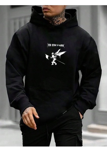 Erkek Siyah Linkin Park Baskılı Kapüşonlu Sweatshirt