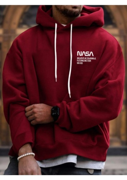 Erkek Nasa Yazı Detay Baskılı Kapüşonlu Sweatshirt