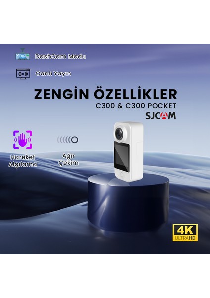 C300 4K UHD 2160P Çift Ekranlı Ultra Batarya 2800MAH + 1000MAH Wifi 20MP 154° Ince Tasarım H.265 30 Metre Su Geçirmez Kılıflı Geniş Açılı Mini Aksiyon Kamerası Beyaz modelleri