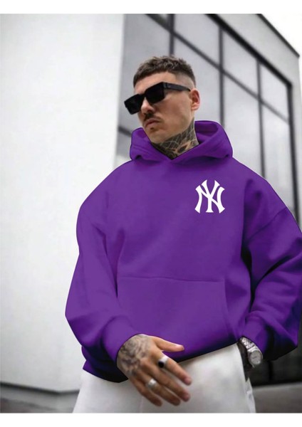 Erkek Ön Arka Ny Baskılı Kapüşonlu Sweatshirt