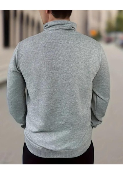 Erkek Gri Paris Baskılı Yarım Fermuarlı Oversize Sweatshirt