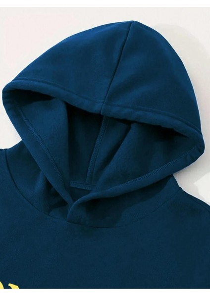Erkek Petrol Mavi Monaco Baskılı Oversize Kapşonlu Sweatshirt