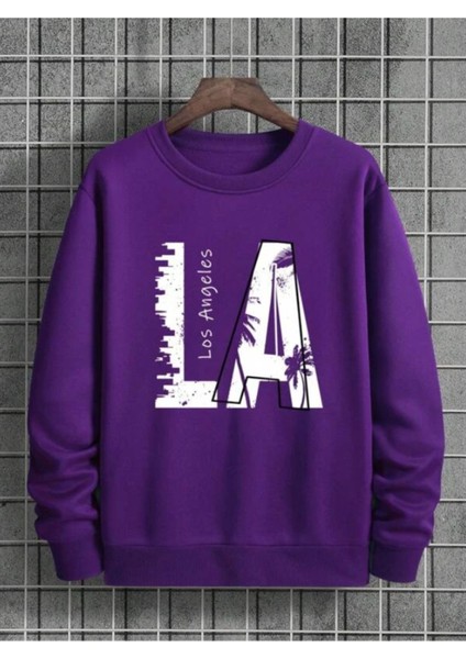 Erkek Mor La Baskı Bisiklet Yaka Sweatshirt