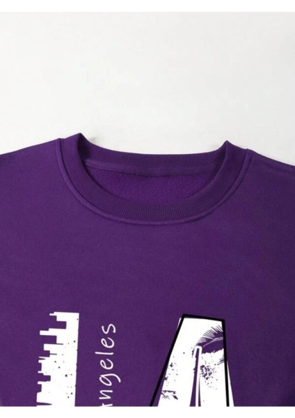 Erkek Mor La Baskı Bisiklet Yaka Sweatshirt