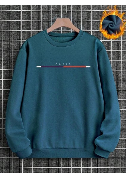 Erkek Petrol Mavi Paris Baskılı Oversize Bisiklet Yaka Sweatshirt