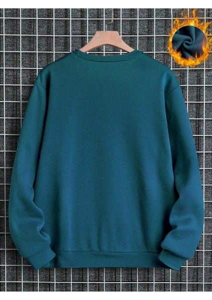 Erkek Petrol Mavi Paris Baskılı Oversize Bisiklet Yaka Sweatshirt